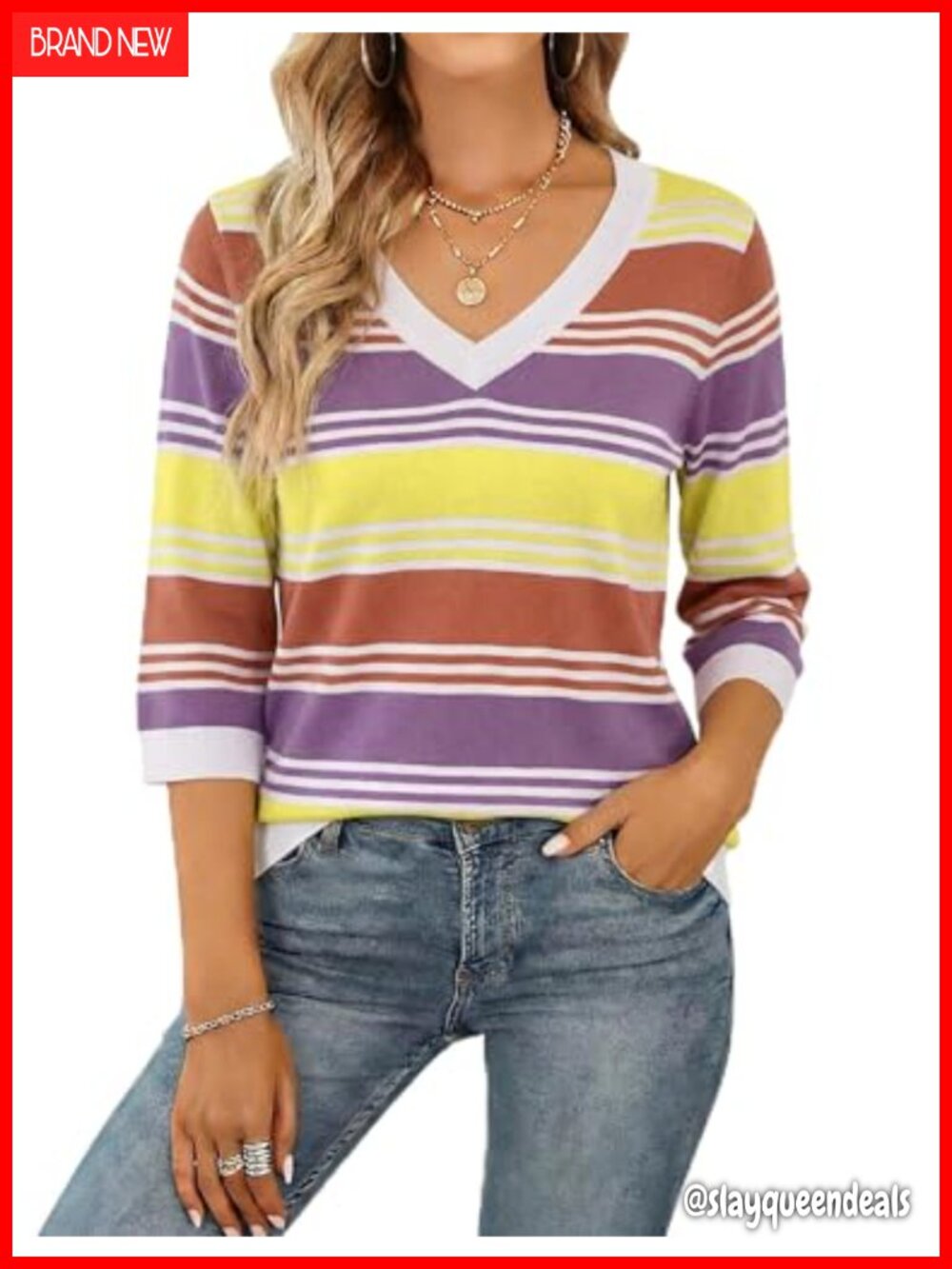 Women's 3/4 Sleeve V-Neck Lightweight Knit Pullover Sweater, Viscose Blend